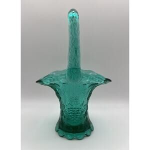 Westmoreland 11” Laurel Green Paneled Etched Grape Art Glass Scalloped Basket